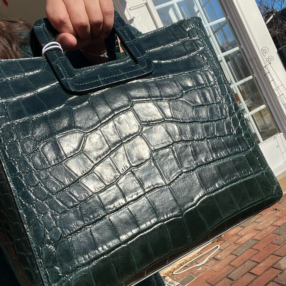 STAUD Croc-Embossed Teal Green Leather Tote with Adjustable Strap - Picture 8 of 12